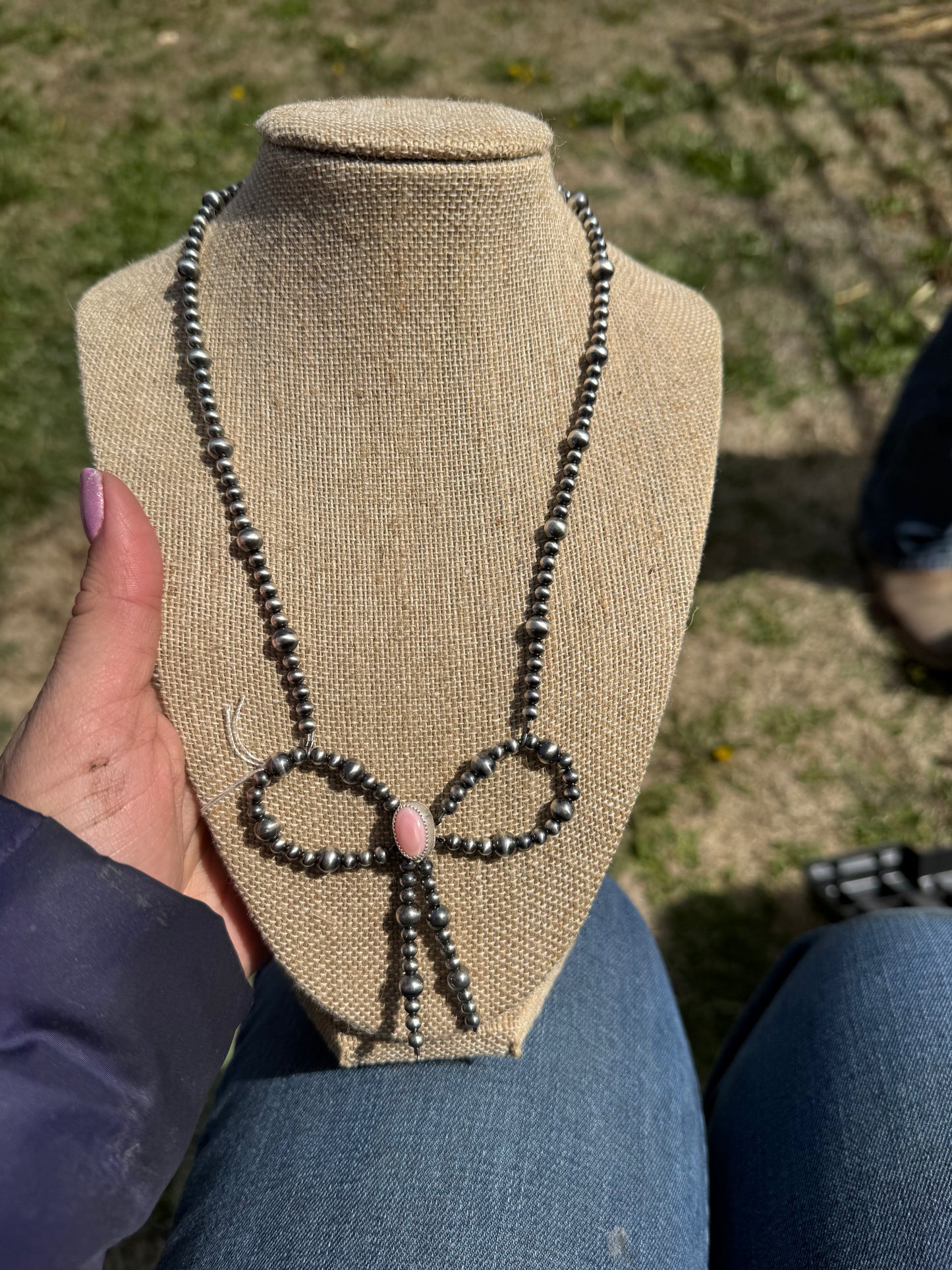 Pink Conch Navajo Pearl Bow Necklace